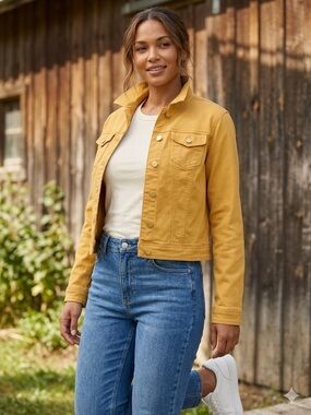 Suko Jeans Mustard Yellow Cropped Denim Jacket | Vibrant Boho Style | Size Large